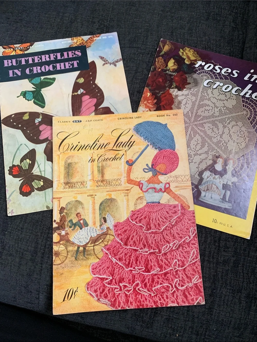 Lot of 3 vintage crochet pattern booklets roses/butterflies/crinoline ladies